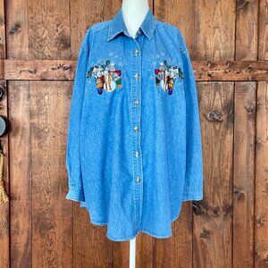 Vintage Brooks Woman Denim Embroidered Christmas Shirt Sz 22W/24W